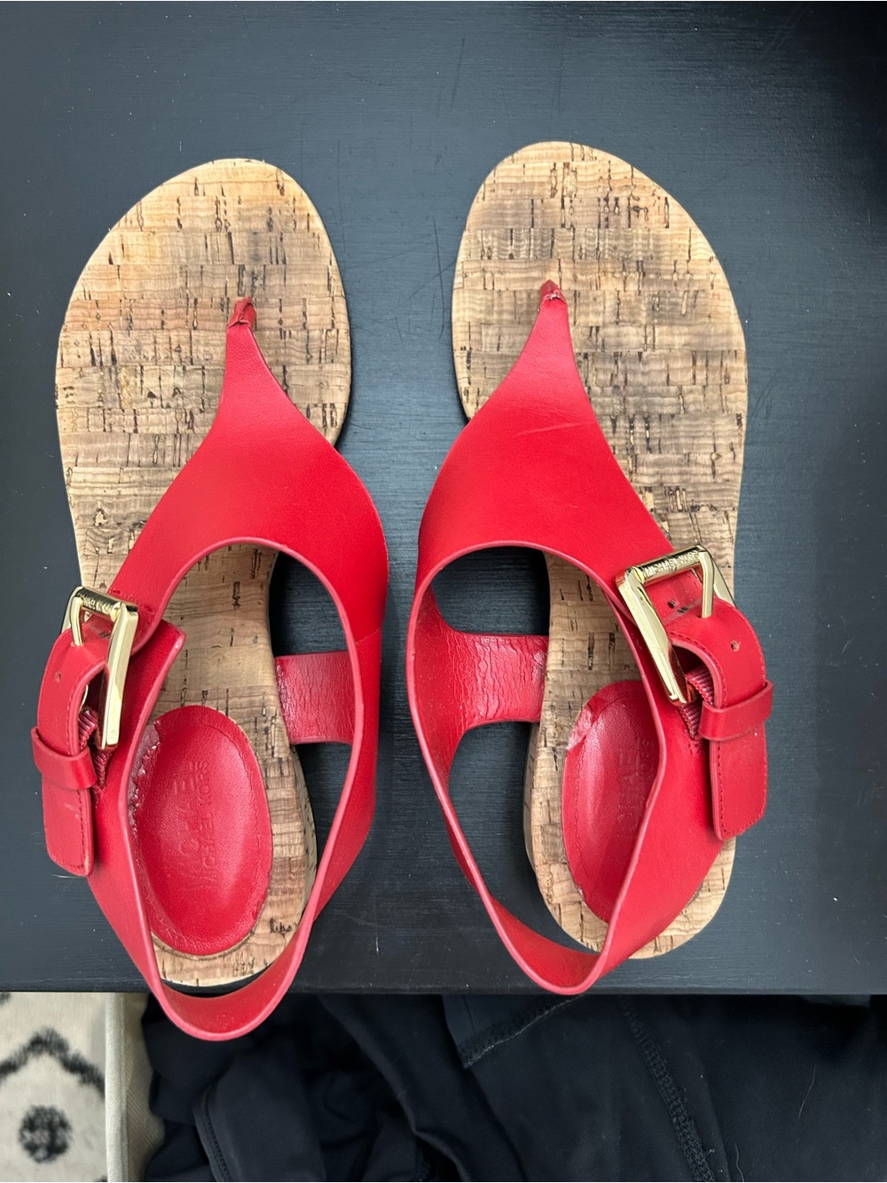 Michael Kors Red Leather Cork Thong Sandals with Gold Buckle